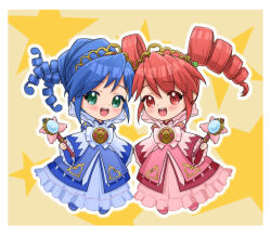  2girls :d blue_dress blue_hair blue_shoes border bow chest_bow chibi chibi_only chinese_commentary commentary compact_(cosmetics) cosmetics crest dress drill_hair fine_(fortune_princess)_(futagohime) fine_(futagohime) flower_wand frilled_dress frilled_sleeves frills full_body fushigiboshi_no_futago_hime gold_tiara gown green_eyes hair_between_eyes hair_ornament heart heart_print hejiayi high_collar highres holding holding_wand layered_dress long_hair looking_at_viewer magical_girl multiple_girls no_sclera open_mouth outline pink_dress pink_shoes print_dress red_eyes red_hair rein_(fortune_princess)_(futagohime) rein_(futagohime) ringlets shoes siblings side-by-side sisters smile star_(symbol) star_hair_ornament star_symbol_background sun_print supportasse swept_bangs teeth tiara twin_drills twins upper_teeth_only wand white_border white_bow white_outline wide_sleeves 