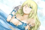  1girl aqua_eyes atago_(kantai_collection) black_gloves blonde_hair breasts gloves hair_between_eyes highres kantai_collection large_breasts long_hair looking_up one_eye_closed parted_lips partially_submerged torn_clothes torn_gloves torn_shirt 