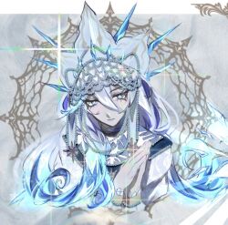  1girl blue_eyes blue_hair blue_lips close-up dress english_commentary genshin_impact glint glitter glowing glowing_hair gradient_hair grey_background hair_between_eyes hat head_tilt headpiece highres ice long_sleeves looking_to_the_side multicolored_hair own_hands_together shade solo tractorbelarus228 tsaritsa_(genshin_impact) upper_body 