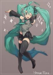  1girl 8_(yamalu) aqua_hair between_breasts boots breasts character_name commentary_request detached_sleeves full_body green_eyes hatsune_miku long_hair looking_at_viewer necktie necktie_between_breasts one_eye_closed shirt skirt sleeveless sleeveless_shirt solo thigh_boots twintails very_long_hair vocaloid zettai_ryouiki 