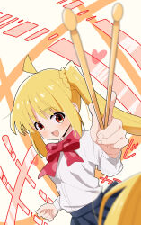  1girl :d absurdres ahoge blonde_hair blue_skirt blurry blurry_edges bocchi_the_rock! bow bowtie braid choppy_bangs commentary_request cowboy_shot depth_of_field drumsticks fingernails highres holding holding_drumsticks ijichi_nijika inaba_fuyuki long_hair long_sleeves looking_at_viewer open_mouth pleated_skirt polka_dot polka_dot_bow polka_dot_bowtie reaching reaching_towards_viewer red_bow red_bowtie red_eyes school_uniform shimokitazawa_high_school_uniform shirt shirt_tucked_in side_ponytail side_ponytail_with_braided_base skirt smile solo white_background white_shirt 