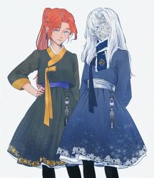 2girls adversarial_noise alicia_(clair_obscur:_expedition_33) alternate_costume black_hanbok blue_dress blue_eyes blue_hanbok chima_(clothes) clair_obscur:_expedition_33 commentary_request dress hair_over_one_eye hanbok hand_on_own_hip highres hoj_duck korean_clothes korean_commentary long_hair looking_at_viewer maelle_(clair_obscur:_expedition_33) multiple_girls one_eye_covered orange_hair parted_bangs ponytail scar scar_on_face simple_background smile standing white_background white_hair 