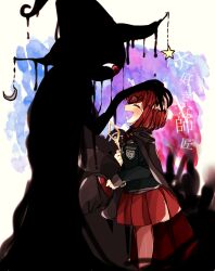  1girl ^_^ black_cape black_hat black_jacket blunt_ends bob_cut breast_pocket cape closed_eyes commentary_request crescent crest danganronpa_(series) danganronpa_v3:_killing_harmony darkness dripping eyelashes feet_out_of_frame gomabu_(rirurutennsi) happy hat headpat holding holding_staff holding_unworn_clothes holding_unworn_hat jacket laughing light_blush long_sleeves lower_teeth_only miniskirt monster one-eyed open_mouth pantyhose pink_pantyhose pleated_skirt pocket pointy_nose red_cape red_hair red_skirt short_hair skirt sleeve_cuffs sleeves_past_wrists smile staff star_(symbol) teeth translation_request two-sided_cape two-sided_fabric unworn_hat unworn_headwear white_background witch_hat yumeno_himiko 