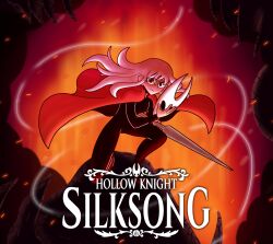  1girl absurdres black_bodysuit black_eyes bodysuit cape closed_mouth commentary copyright_name donggooltroll frown highres holding holding_weapon hollow_knight hollow_knight:_silksong hornet_(hollow_knight) mask needle_(hollow_knight) personification red_cape solo unworn_mask weapon white_hair 