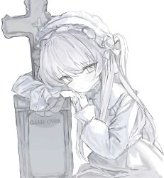 1girl arm_rest collar cross dress frilled_collar frilled_headwear frilled_sleeves frills greyscale hand_up head_rest highres kitty_17a long_hair long_sleeves looking_at_viewer monochrome original puffy_long_sleeves puffy_sleeves solo tearing_up tombstone white_background white_headdress 