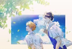  2boys black_hair blue_shirt clouds cloudy_sky collared_shirt commentary_request cumulonimbus_cloud drink_carton drinking_straw haikyuu!! height_difference hinata_shouyou holding holding_juice_box juice_box kageyama_tobio korean_commentary male_focus multiple_boys open_mouth orange_hair sanddek shirt short_hair signature simple_background sky tree undershirt upper_body white_background white_shirt 
