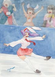  4girls :d animal_ears black_hair blue_dress bow bowtie braid braided_ponytail carrot_necklace collared_shirt commentary_request dress figure_skating floating_hair grey_hair hands_up highres houraisan_kaguya ice ice_skates inaba_tewi jewelry lanyard long_hair long_sleeves multiple_girls necklace necktie no_eyes olympics open_mouth outstretched_arms painting_(medium) pink_dress pink_shirt pleated_skirt ponytail rabbit_ears rabbit_girl red_dress red_eyes red_necktie red_skirt reisen_udongein_inaba shirt short_hair short_sleeves signature skates skirt smile teeth thigh-highs touhou traditional_media two-tone_dress upper_teeth_only uryan! watercolor_(medium) white_shirt white_thighhighs yagokoro_eirin yellow_bow yellow_bowtie zettai_ryouiki 