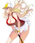  1girl animal_hat baseball_cap bent_over blonde_hair blue_eyes breasts cat_hat cleavage commentary_request hat highres huge_breasts masao miniskirt original racket sideways_mouth skirt solo tank_top tennis_racket white_skirt wristband 