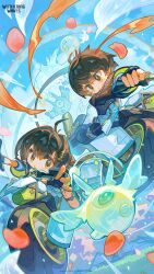  1boy 1girl absurdres black_gloves black_hair black_jacket blue_sky commentary day dual_persona english_commentary female_rover_(perpetual_spark)_(wuthering_waves) female_rover_(wuthering_waves) fingerless_gloves gloves hair_ornament highres jacket logo male_rover_(perpetual_spark)_(wuthering_waves) male_rover_(wuthering_waves) motor_vehicle motorcycle official_alternate_costume official_art outdoors rover_(wuthering_waves) sky soliskin_(wuthering_waves) wuthering_waves yellow_eyes 