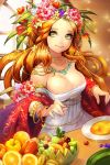  1girl breasts cleavage dress flower food fruit green_eyes hair_flower hair_ornament jewelry light_particles long_hair necklace orange orange_hair original smile solo white_dress window zzoggomini 