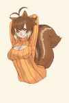  1girl :3 animal_ears antenna_hair arms_behind_head arms_up blazblue breasts brown_eyes brown_hair bust cleavage cleavage_cutout highres makoto_nanaya no_legs open-chest_sweater ribbed_sweater sara_souju_(warabi_mochi) short_hair smile solo squirrel_ears sweater turtleneck 