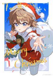  1girl absurdres bell bisho_imobing_hito blue_eyes border brown_hair christmas commentary_request confetti cropped_legs haibara_ai hair_between_eyes hat highres long_sleeves looking_at_viewer meitantei_conan merry_christmas open_mouth pantyhose parted_lips santa_costume santa_hat short_hair snowflakes solo white_border white_pantyhose 