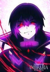  1boy artist_name cid_kagenou cid_kagenou_(shadow) coat commentary commission glowing glowing_eye hair_between_eyes highres kage_no_jitsuryokusha_ni_naritakute! male_focus pink_background portrait purple_coat purple_hair red_eyes smile solo umbra_(edits_umbra) watermark 