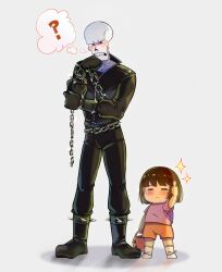  1boy 1other 2024 2d alternate_costume ambiguous_gender annalee-sama backpack black_boots black_gloves black_pants boots brown_hair bucket chain_whip child commentary cosplay digital_media dora_marquez_(cosplay) dora_the_explorer duo english_commentary frisk_(undertale) full_body ghost_rider_(cosplay) ghost_rider_(series) gloves halloween halloween_bucket halloween_costume height_difference highres holding holding_bucket human humanoid jacket leather leather_jacket leather_pants making-of_available male marvel monster monster_boy open_mouth orange_eyes orange_shorts painttool_sai_(medium) pants papyrus_(undertale) pink_shirt purple_backpack shirt shoes short_hair shorts simple_background skeleton socks sparkle standing teeth thumbs_up undead undertale utdr_(toby_fox) white_background white_shoes white_socks 