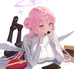  1girl angel_wings black_pantyhose black_skirt blue_archive blush box candy chocolate chocolate_bar closed_mouth commentary doggo34476335 feathered_wings food gift gift_box hair_bun halo hands_on_own_cheeks hands_on_own_face heart-shaped_box highres legs_up looking_at_viewer low_wings lying mika_(blue_archive) on_stomach pantyhose pink_hair pink_halo pleated_skirt simple_background single_hair_bun single_side_bun skirt smile solo sweater the_pose white_background white_sweater white_wings wings yellow_eyes 