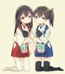  2girls akagi_(kantai_collection) black_legwear brown_eyes brown_hair hands_together holding_hands japanese_clothes kaga_(kantai_collection) kantai_collection komachi_naruta long_hair multiple_girls muneate no_shoes side_ponytail smile tasuki thigh-highs white_legwear 