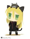  1girl animal animal_ears animal_on_head artist_name black_cat black_legwear blonde_hair boots brown_gloves cat cat_ears cat_tail chameleon_man_(three) chibi gloves green_eyes hands_on_hips heinrike_prinzessin_zu_sayn-wittgenstein long_hair military military_uniform no_mouth pantyhose simple_background solo standing strike_witches tail uneven_eyes uniform white_background 