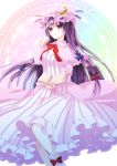  1girl book capelet chitose_(usacan) coat crescent_moon dress hair_ribbon highres long_hair long_sleeves magic_circle mob_cap moon open_book open_clothes open_coat patchouli_knowledge purple_hair ribbon solo striped striped_dress touhou tress_ribbon very_long_hair violet_eyes 