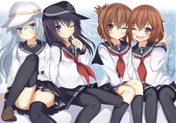  4girls akatsuki_(kantai_collection) anchor_symbol aruka_(alka_p1) badge black_hair black_legwear blouse blue_eyes brown_hair fang flat_cap folded_ponytail hair_between_eyes hair_ornament hairclip hammer_and_sickle hat hibiki_(kantai_collection) ikazuchi_(kantai_collection) inazuma_(kantai_collection) kantai_collection long_hair messy_hair multiple_girls one_eye_closed open_mouth pantyhose school_uniform serafuku short_hair silver_hair sitting skirt smile star thigh-highs v verniy_(kantai_collection) violet_eyes 