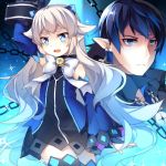  1boy 1girl black_hair blue_eyes ciel_(elsword) elsword horns long_hair lu_(elsword) pointy_ears symbol-shaped_pupils thigh-highs ureshiijelek white_hair 