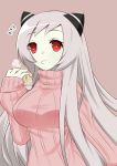  1girl airfield_hime aria_(okuda08808008) breasts food highres horns kantai_collection large_breasts long_hair open_mouth pale_skin red_eyes ribbed_sweater shinkaisei-kan solo sweater very_long_hair white_hair 