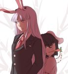  2girls animal_ears back-to-back black_hair carrot carrot_necklace expressionless inaba_tewi long_hair mefomefo mouth_hold multiple_girls necktie purple_hair rabbit_ears reisen_udongein_inaba short_hair smile suit_jacket touhou 