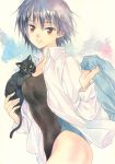  1girl agahari amagami black_hair blush brown_eyes cat competition_swimsuit highres looking_at_viewer nanasaki_ai one-piece_swimsuit open_clothes open_shirt short_hair smile solo swimsuit traditional_media 