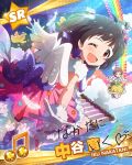  2girls ;d black_hair brown_eyes character_name feathered_wings feathers gloves idolmaster idolmaster_million_live! kinoshita_hinata looking_at_viewer multiple_girls nakatani_iku official_art one_eye_closed open_mouth short_hair side_ponytail signature skirt smile solo_focus wings 