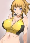  1girl bare_shoulders blue_eyes blush breasts brown_hair bust cleavage collarbone gundam gundam_build_fighters gundam_build_fighters_try hoshino_fumina large_breasts lintanghaseo looking_at_viewer navel solo sports_bikini sweat 