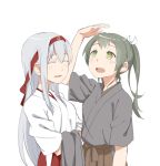  2girls :d ^_^ brown_skirt chocotto715 closed_eyes green_eyes grey_hair hair_ribbon hakama_skirt headband japanese_clothes kantai_collection long_hair multiple_girls open_mouth pleated_skirt red_skirt ribbon shoukaku_(kantai_collection) silver_hair simple_background skirt smile twintails white_background zuikaku_(kantai_collection) 