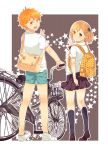  1boy 1girl bicycle blonde_hair haikyuu!! hair_ornament highres hinata_shouyou long_hair looking_back namiri orange_eyes orange_hair school_uniform short_hair side_ponytail v yachi_hitoka 