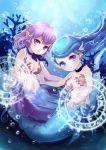  2girls blue_hair breasts bubble highres long_hair mermaid monster_girl multiple_girls original purple_hair underwater violet_eyes zzoggomini 