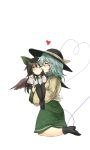  2girls age_difference age_progression bird_wings black_hair bow brown_eyes cheek_kiss closed_eyes commentary_request hair_bow hat hat_ribbon heart heart_of_string kiss komeiji_koishi long_sleeves multiple_girls one_eye_closed reiuji_utsuho ribbon ryuuichi_(f_dragon) shirt silver_hair size_difference skirt touhou unamused wide_sleeves wings 