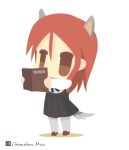  1girl animal_ears artist_name black_ribbon book brown_eyes chameleon_man_(three) chibi dress holding holding_book loafers long_hair minna-dietlinde_wilcke no_mouth pantyhose redhead ribbon shoes simple_background solo standing strike_witches tail white_background white_legwear wolf_ears wolf_tail 