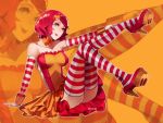  1girl :p artist_name bare_shoulders blue_eyes breasts collarbone detached_sleeves hair_ornament halftone high_heels mcdonald&#039;s orichie redhead short_hair sitting skirt solo striped striped_legwear thigh-highs tongue tongue_out yellow_eyes zoom_layer 