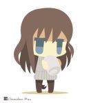  1girl animal_ears artist_name black_legwear blue_eyes brown_hair chameleon_man_(three) chibi cup dog_ears dog_tail elizabeth_f_beurling holding long_hair long_sleeves mug no_mouth pantyhose ribbed_sweater simple_background solo standing strike_witches sweater tail white_background 