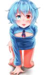  1girl all_fours blue_hair blush breast_lift cleavage_cutout commentary_request heterochromia highres karakasa_obake naked_sweater ribbed_sweater solo sweater tatara_kogasa tenyunkel tongue tongue_out touhou umbrella 