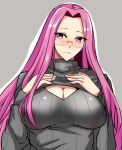  1girl blush breasts cleavage cleavage_cutout fate_(series) glasses koujun_(mugenzero) large_breasts long_hair open-chest_sweater purple_hair ribbed_sweater rider solo sweater turtleneck very_long_hair violet_eyes 