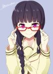  1girl adjusting_glasses bespectacled black_hair braid bust glasses kantai_collection kitakami_(kantai_collection) looking_at_viewer note_(aoiro_clip) payot red-framed_glasses school_uniform serafuku single_braid smile solo twitter_username violet_eyes 