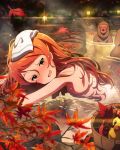  1girl bathing blush idolmaster idolmaster_million_live! japanese_macaque long_hair monkey naked_towel official_art onsen oogami_tamaki open_mouth orange_eyes orange_hair sweat towel towel_on_head 