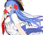  1girl :o blue_hair blush breasts bust flower food food_themed_clothes fruit hair_flower hair_ornament hat hibiscus hinanawi_tenshi large_breasts long_hair looking_at_viewer looking_to_the_side neropaso open_mouth peach red_eyes short_sleeves simple_background solo touhou white_background work_in_progress 