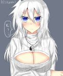  1girl absurdres blue_background blue_eyes blush breast_hold breasts character_name cleavage cleavage_cutout highres jewelry kuro_wa_shinoru large_breasts long_hair looking_at_viewer necklace open-chest_sweater original simple_background solo sweater translated white_hair 