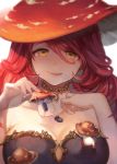  1girl bare_shoulders blush breasts bust cleavage large_breasts licking_lips lips long_hair looking_at_viewer mushroom mushroom_girl original personification redhead smile solo veryberry00 yellow_eyes 