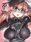 1girl between_breasts blonde_hair blue_eyes breasts bust gloves hat heart heavy_breathing kantai_collection large_breasts long_hair looking_at_viewer low_twintails open_mouth prinz_eugen_(kantai_collection) solo tokita_monta translation_request twintails white_gloves 
