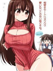  2girls akagi_(kantai_collection) alternate_costume blood blush breasts brown_eyes brown_hair cleavage cleavage_cutout japanese_clothes kaga_(kantai_collection) kantai_collection large_breasts long_hair long_sleeves multiple_girls muneate naitou_kouse nosebleed open-chest_sweater ribbed_sweater short_hair side_ponytail simple_background skirt sweater thumbs_up translation_request turtleneck white_background 