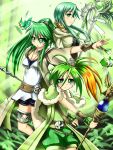  3girls bracelet caam_serenity_of_gusto cape duel_monster green_eyes green_hair gusto_gulldo highres jewelry multiple_girls omega_na_hito pilica_descendant_of_gusto rampenta_the_spiritual_beast staff thigh-highs wind winda_priestess_of_gusto yuu-gi-ou 