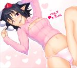  1girl alternate_costume black_hair blush breasts cleavage cleavage_cutout hat long_sleeves looking_at_viewer navel one_eye_closed open-chest_sweater open_mouth panties pink_eyes pink_panties pointy_ears ribbed_sweater shameimaru_aya short_hair smile solo sweater taketora_suzume tokin_hat touhou translated trolling turtleneck turtleneck_sweater underwear 