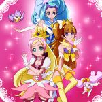  3girls amanogawa_kirara aroma_(go!_princess_precure) bird blonde_hair blue_hair brown_hair cure_flora cure_mermaid cure_twinkle dog earrings gloves go!_princess_precure green_eyes hair_bun hair_ribbon haruno_haruka highres jewelry kaidou_minami long_hair magical_girl mont_blanc_(heartcatch_ayaya) multicolored_hair multiple_girls panties pantyshot pantyshot_(standing) pink_background pink_hair pink_skirt precure puff_(go!_princess_precure) purple_hair redhead ribbon skirt smile sparkle standing streaked_hair thigh-highs two-tone_hair underwear violet_eyes white_gloves white_panties wrist_cuffs yellow_legwear 