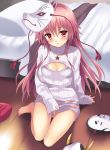  1girl alternate_costume barefoot bed blanket blush bra cleavage_cutout covering covering_crotch face_mask fox_mask hata_no_kokoro highres jewelry long_hair long_sleeves looking_at_viewer mask necklace no_pants open-chest_sweater open_mouth panties pendant pillow pink_bra pink_eyes pink_hair pink_panties rasahan ribbed_sweater see-through sitting small_breasts solo star sweater touhou turtleneck underwear very_long_hair 