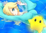  1girl afloat ayakabu blonde_hair blue_eyes breasts crown earrings hair_over_one_eye highres jewelry long_sleeves luma super_mario_bros. nail_polish open_mouth partially_submerged rosalina_(mario) super_mario_bros. super_mario_galaxy wand water 